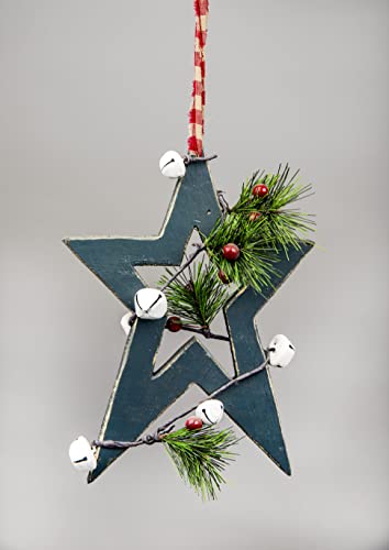 26cm Green Wooden Star Wall Hanging Ornament Decorated with White Bells Berries and Pines Christmas Holiday Home Decorations
