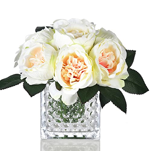 GreenHouzz Artificial Peony Silk Flower Centerpieces Faux Floral Arrangement in Glass Vase for Home Wedding Table Decoration (Champagne)