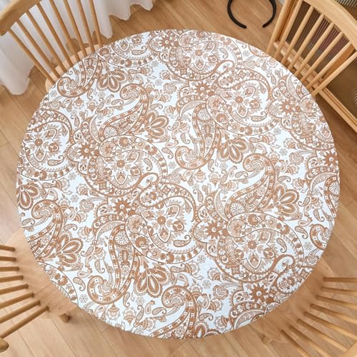 LIBERECOO Luxury Paisley Round Vinyl Tablecloth with Flannel Backing - Waterproof, Oilproof, Wipeable Dining Table Cover for Indoor/Outdoor Use