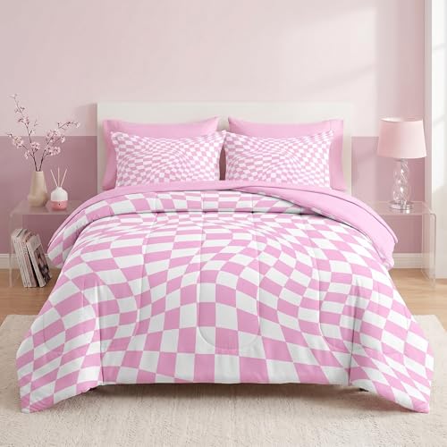 Pamnest Twin Comforter Set with Sheets, 5 Pieces Pink White Bedding - Bed in A Bag for All Season, Geometric Checkerboard Chess Checkered for Kids and Adults, Pillowcase & Sham
