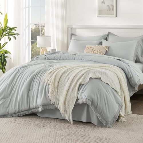 Andency Oversized King Comforter Set Light Grey 120x98-7 Pieces Boho Tassel Bed in a Bag Soft Lightweight Bedding Sets, Rust Fringe All Season Bed Set with Comforter, Sheets, Pillowcases & Shams