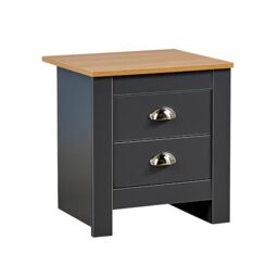 Home Source Bedroom 2 Drawer Bedside Nightstand, Oak Effect Top, Metal Handles, Dark Grey