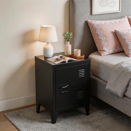 MEUBLE COSY Bedside Table with Door and Storage Shelf, Nightstand for Bedroom, Metal, Industrial, Black