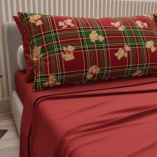 PETTI Italian Artisans - Cotton Sheets with Christmas Digital Print Pillowcases, Christmas Queen Size Sheets, Christmas Bed Set, Tartan Teddy Bear, 100% Made in Italy