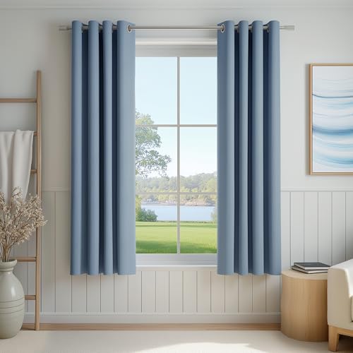 FMFUNCTEX 100% Blackout Slate Blue Curtains 54 Inch Grommet Drapes 2 Panels - Black out Drapes, Thermal Insulated Noise Reducing, Textured Weave, Room Darkening, Window Curtain, for Living Room,Grommet