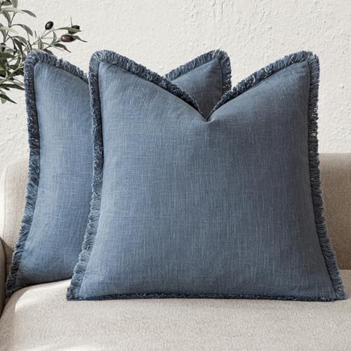 Foindtower Set of 2 Decorative Linen Fringe Throw Pillow Covers Cozy Farmhouse Cushion Cover with Tassels Accent Pillowcase for Couch Chair Sofa Bed Living Room Home Decor,24??24 Inch,Dark Blue