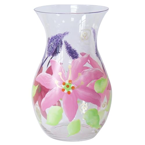 L & P Home & Gifts Hand Painted Glass Lynsey Johnstone Lilies Vase For Home & Kitchen - Lovely Home Décor Daily Use Accessory for Milk, Cream, and Water - Reusable & Practical Gift for Women and Men
