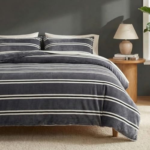 Bedbay Gray Striped Comforter Set King Size Luxury Velvet Comforter Quilt Sets Soft Warm Velvet Fluffy Bedding 3 Pcs Grey White Stripes Pattern King Bed Set for All Seasons