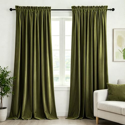 Dchola Olive Green Velvet Curtains for Bedroom Window, Super Soft Vintage Luxury Heavy Drapes, Room Darkening Rod Pocket Curtain for Living Room, W52 by L84 inches, 2 Panels