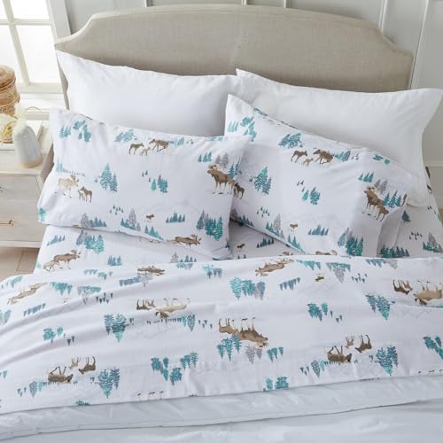 Market & Place 100% Turkish Cotton Flannel Sheet Set - 3 Piece Deep Pocket Novelty Cozy Winter Bed Sheets - Double Brushed for Extra Softness & Comfort - Alpine Collection (Twin, Moose)