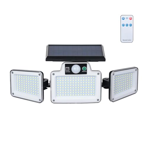 GRIFEMA GD202 Solar Security Lights Outdoor Motion Sensor, Solar Floodlights Outdoor Garden, 3 Adjustable Heads, 280 LED, 3 Remote Modes, IP65 Waterproof for Yard Garage Pathway