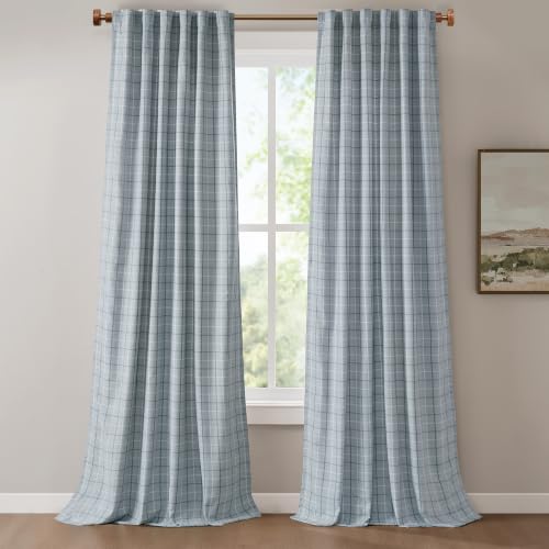 Madison Park Anaheim Plaid Blackout Curtain for Living Room/Bedroom, 1 Single Panel, Thermal Insulated Fleece Lined Drape with Rod Pocket, 50 x 95 inch, Denim Blue