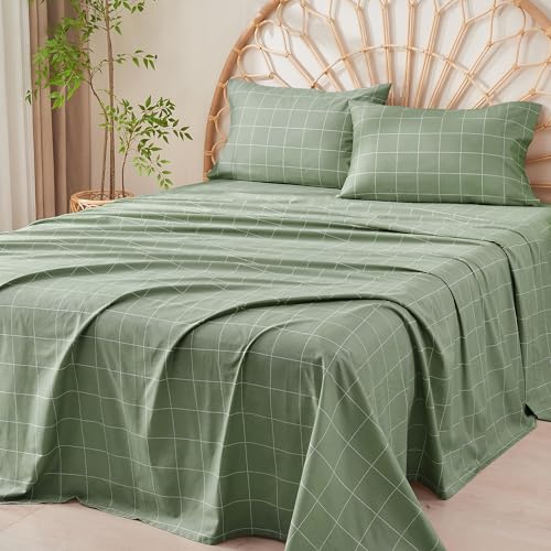 JELLYMONI 4Pcs Plaid Sheet Sets, 100% Natural Cotton Sheets Set,Geometric Pattern Bed Set with 16'' Deep Pocket, (Twin, Green)