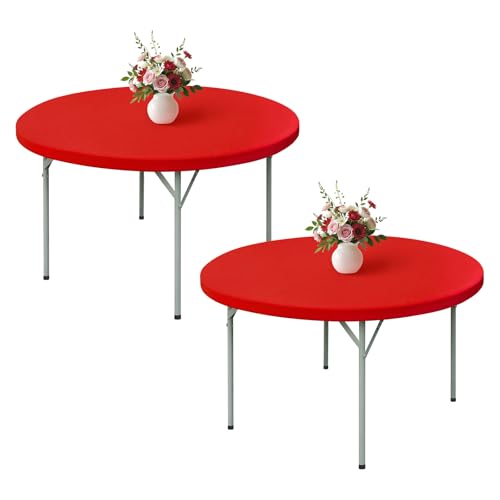 Wolkemer 2 Pack 5ft Fitted Round Tablecloth 60 Inch Elastic Table Cloth - Red Spandex Stretch Table Cover, Machine Washable Table Cloth, Topper Cap for Wedding Party Picnic Dining Indoor Outdoor