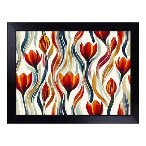 Lap Tray with Bean Bag Cushion, Tulip Flower Pattern - Handmade in the UK, Raised Wooden Edge, Padded Cushion, Heat-Resistant Wipe-Clean Surface, for Meals, Laptops and Crafts