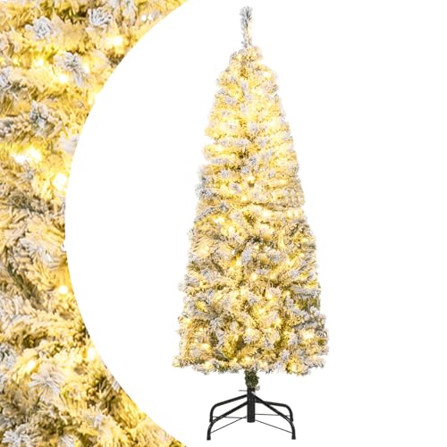 SPOTRAVEL 5FT/6FT Pre-lit Artificial Christmas Tree, Hinged Snow Flocked Xmas Tree with LED Lights & Folding Metal Stand, Holiday Pencil Xmas Tree for Home Office Party (150 cm)