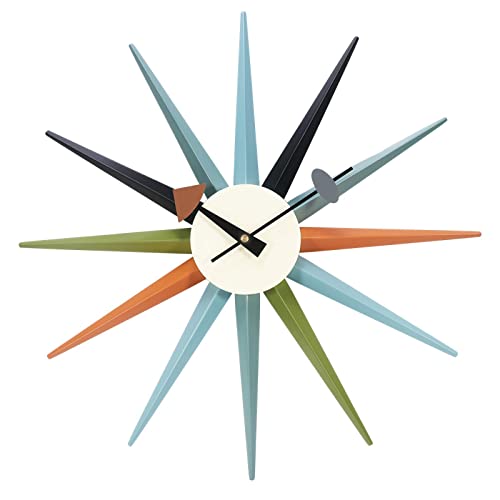 SHISEDECO Modern Sunburst Clock in Multicolor, Non Ticking Wooden Mid Century Retro Design Decorative Silent Wall Quartz Clocks for Home, Living Room, Office and Bedroom etc.