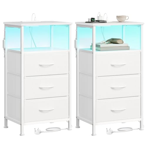 SONGMICS BELLAH Collection - Bedside Table with Charging Station, Side End Table with App-Controlled Adjustable LED Lights, Modern, 1 Shelf, 3 Drawers, Set of 2, Cloud White LGS203W103
