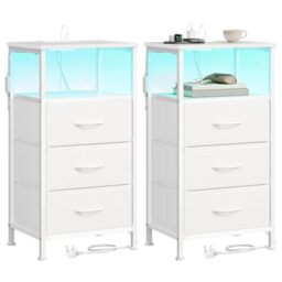 SONGMICS BELLAH Collection - Bedside Table with Charging Station, Side End Table with App-Controlled Adjustable LED Lights, Modern, 1 Shelf, 3 Drawers, Set of 2, Cloud White LGS203W103