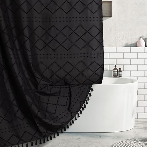 Siiluminisoy Black Textured Boho Shower Curtain with Tassels 72' x 72' Tufted Chevron Striped Chenille Woven Fabric Shower Curtain Modern Farmhouse Minimalist, Shabby Chic Home Decor