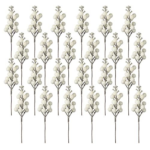 Crafare 24 Pack 7.5Inch Christmas Glitter Berries Stems Artificial Christmas Picks for Christmas Tree Ornaments, DIY Xmas Wreath, Crafts, Holiday and Home Decor, White