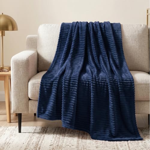 PAVILIA Super Soft Fleece Throw Blanket Navy Blue, Luxury Fuzzy Plush Flannel Throw, Warm Cozy Ribbed Microfiber Blanket for Sofa Couch Bed, Lightweight Striped Blanket, Navy, 50x60