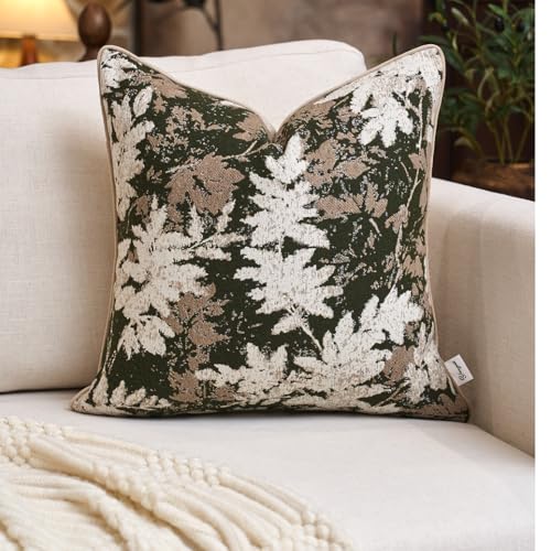 Yangest Neutral Leaf Pillow Cover 20 x 20 Inches, Vintage Chenille Square Throw Pillow Cover Soft Leaves Nature Accent Couch Pillow Cover for Living Room Bedroom, Green