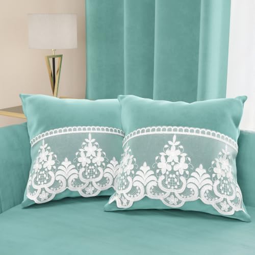 PETTI Artigiani Italiani - 2 Velvet Cushions with Rebrod?? Lace, Filling Included, 70 x 40 cm, Tiffany