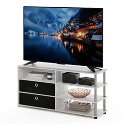 Furinno JAYA Simple Design TV Stand for up to 55-Inch with Bins, White Oak, Stainless Steel Tubes