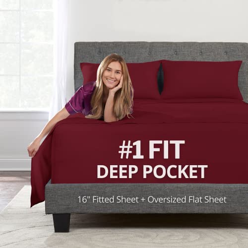 "Full Size Bed Sheet Set - Soft 16"" Deep Pockets Fitted Sheet, Oversize Flat Sheet, 2 Zipper Closure Pillowcases - Burgundy"