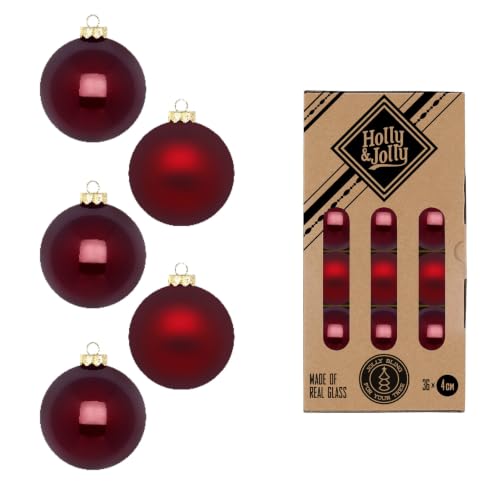 Holly & Jolly Smooth Port Christmas Baubles, Pack of 36 - Glass Christmas tree baubles, approx. 4 cm, Christmas tree decoration in dark red, matt and shiny, Christmas decoration for