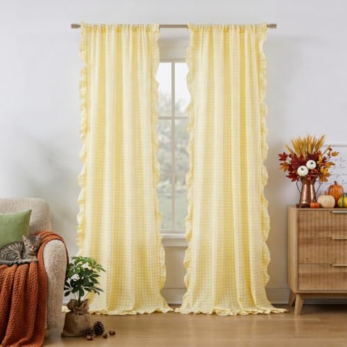 "ZJDECOR Yellow White Buffalo Plaid Ruffle Curtains 63 Inche,Rod Pocket - Woven Crinkled Not-See-Through Sheer Drapes,Rustic Shabby Chic Window Treatment,Bedroom Living Room,40""Wx63""L,Pack of 2"