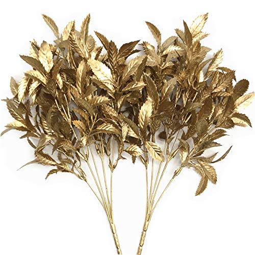 PASYOU Christmas Artificial Plants Decoration, Plastic Grass Fake Shrubs Simulation Leaves Indoor Outdoor Home Garden Planter Filler Party Hotel Verandah Wedding UV Resistant DIY Decor - Gold 2 Pack