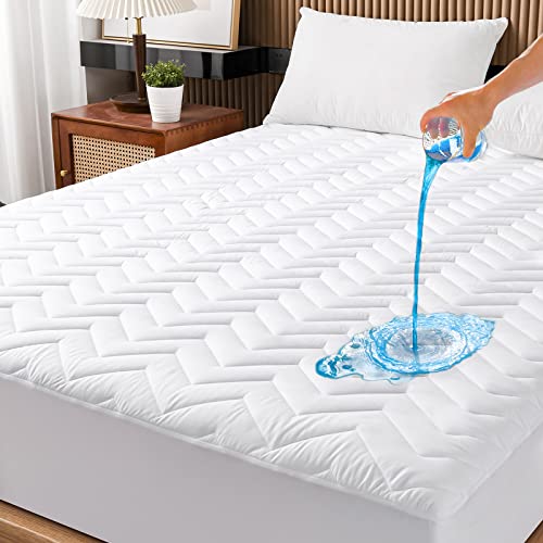 Cal King Size Waterproof Mattress Protector Quilted, Breathable Ultra-Soft Filling Mattress Pad, Fitted Deep Pocket Mattress Cover Fits 6''-25'' Mattress White