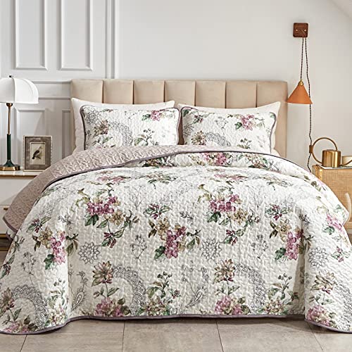 "Flysheep 2 Pieces Quilt Set Twin Size, Beige Floral Reversible Bedspread Coverlet Set, Soft Microfiber Lightweight Bed Cover for Kids (68"" x 86"", 1 Quilt+ 1 Pillow Sham)"