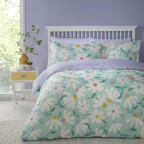 Fusion - Daisy Flowers Duvet Cover - Single Bedding Size (140 x 200cm) - Reversible Designs (Purple Polka) - 1 Pillowcase - Girls Bedding with Daisy Flowers - Floral Duvet Covers in Duck Egg/Purple