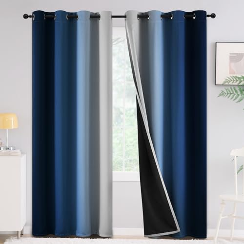 Yakamok 100% Blackout Ombre Blue Curtains 90 inches Long for Bedroom - Room Darkening Curtain for Living Room Grommet Light Blocking Thermal Insulated Gradient Drapes???2 Panels???52W x90L