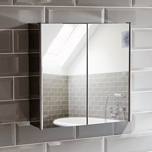 Bath Vida Bathroom Mirror Cabinet with 2 Doors Stainless Steel Storage Silver with Magnetic Closing Mechanism 13 x 45 x 45 cm