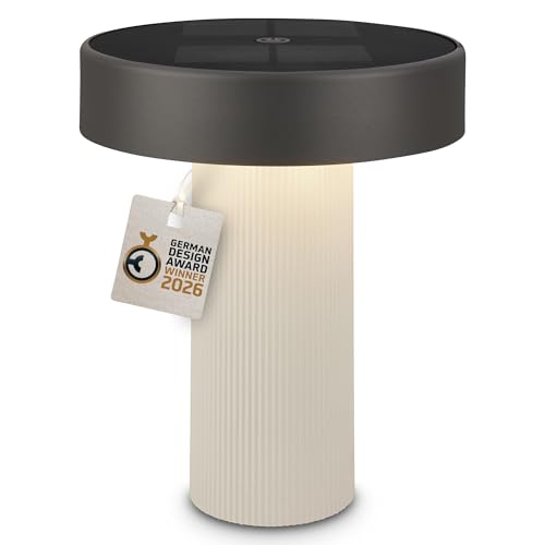 BRILONER - Poga Rechargeable LED Table Lamp, Solar Panel, Stepless Touch Dimmer, IP44, USB-C, Night Light, Battery Lamp, German Design Award Winner 2026, 16 x 20 cm, Offwhite Anthracite