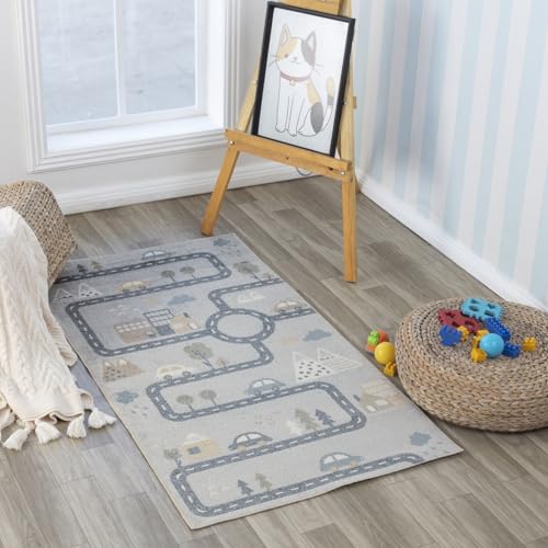 Livabliss Vroomville Road Track Washable Kids Carpet 80x150 cm, Soft Machine Washable Play Design for Bedroom, Playroom & Nursery, Easy Care Kids Floor Carpet, Grey