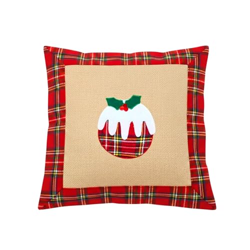 SHATCHI Christmas Pudding Cushion Cover 40x40cm, Festive Decorative Pillow Case with Velcro Closure, Burlap Style Sofa, Bed, Throw Cushion Cover for Xmas Home Decorations