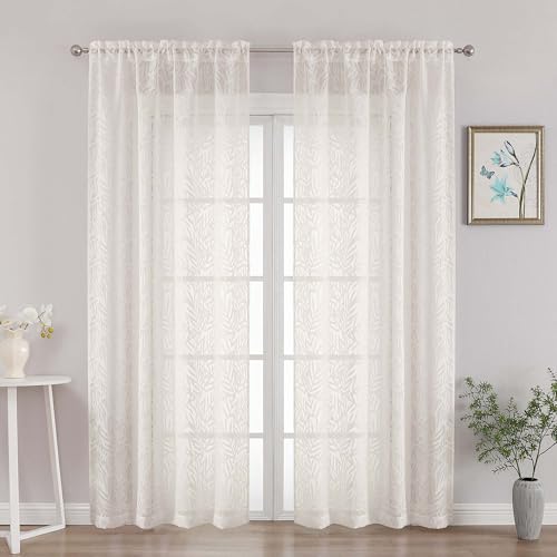 OVZME Ivory Sheer Curtains 90 Inches Long 2 Panels, Leaf Jacquard Light Filtering Farmhouse Voile Sheer Curtains for Living Room Bedroom, Modern Drapes with Dual Rod Pocket Design, 2x42Wx90L Inches