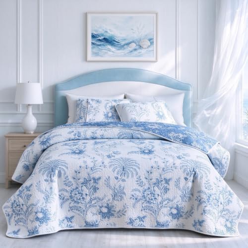 "Flysheep Reversible Quilt Set King Size, 3 Pieces White and Blue Botanical Floral Printed Lightweight Summer Bedding Set, Soft Microfiber Bedspread/Coverlet for All Season - 104""x90"""