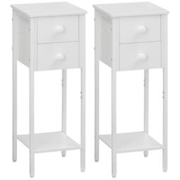 HOOBRO Narrow Bedside Table Set of 2, Slim Bedside Table, Telephone Table with 2 Drawers, Tall Side Table with Metal Frame, Small Nightstand with Open Shelf, White EWT74BZP201