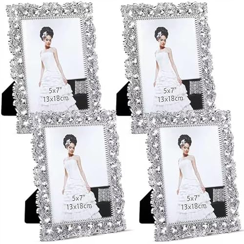 Yookeer 2 Pack 5 x 7 Inch Crystal Picture Frame Wedding Photo Frame Jewel Picture Frame with Rhinestones Photo Gift for Wedding Valentines Day Table Top Desktop Display (Rhinestones)