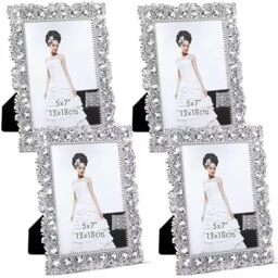 Yookeer 2 Pack 5 x 7 Inch Crystal Picture Frame Wedding Photo Frame Jewel Picture Frame with Rhinestones Photo Gift for Wedding Valentines Day Table Top Desktop Display (Rhinestones)