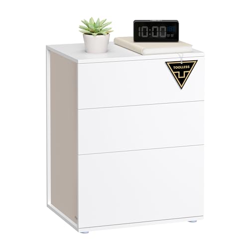 VASAGLE Bedside Table with 3 Drawers, Superfast Toolless Assembly, Bed Side Cabinet Nightstand, White Chest Of Drawers for Bedroom/Living Room, LET778W01