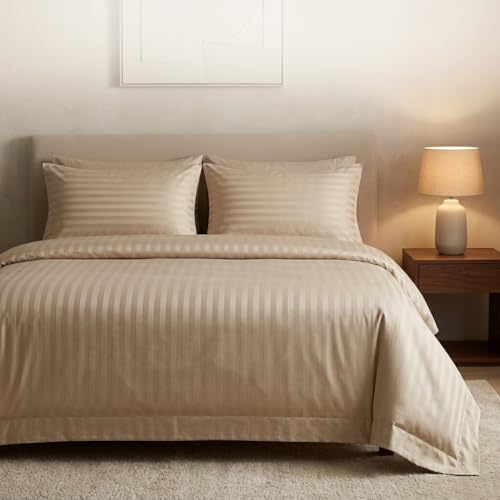 Casabella Satin Stripe Duvet Cover Sets -Luxurious King Beige Bedding with Stripes, King size Duvet Cover Sets, Hotel Quality King Size Duvet & Pillowcases, Beige Satin Stripe Duvet King Size