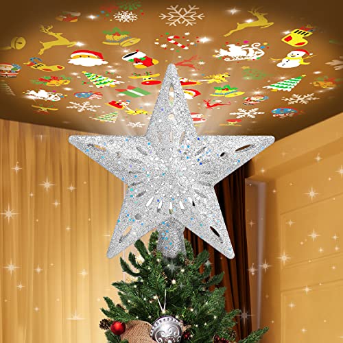 LED Rotating Tree Topper Light Projector with 6 Slides - Silver Christmas Star for Tree Decorations