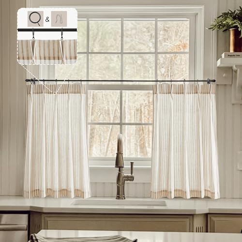 Kitchen Curtains for Small Window,Cafe Curtains 24 Inch Length,Boho Striped Kitchen Pinch Pleat Curtain with Hooks Rings for Half Windows Semi Sheer Light Filtering Curtains Tan on Nature